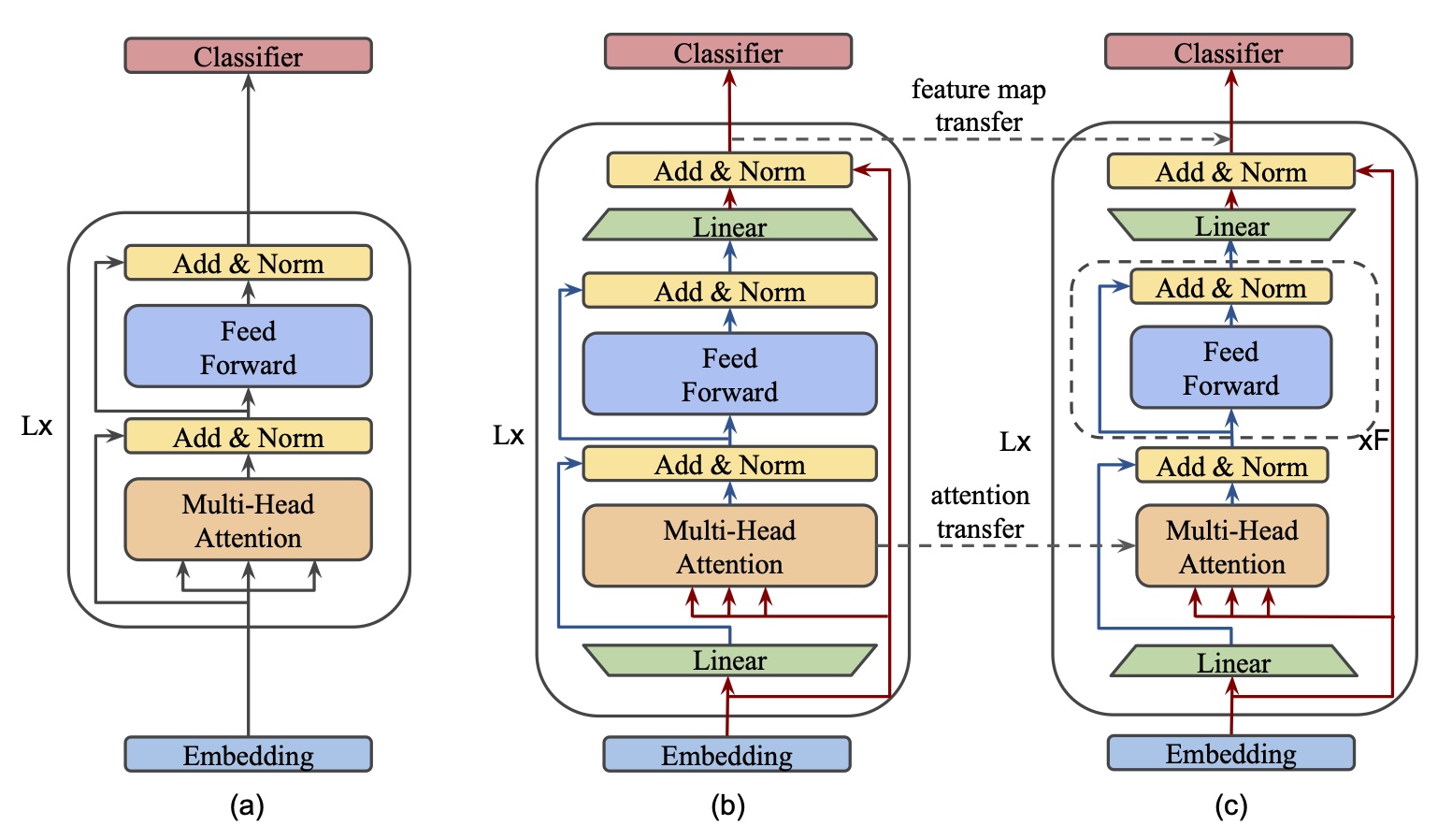 Architecture visualisation of transformer blocks within (a) BERT, (b) MobileBERT teacher and (c) MobileBERT student. The green trapezoids marked with “Linear” are referred to as bottlenecks. [Source](https://www.aclweb.org/anthology/2020.acl-main.195.pdf)